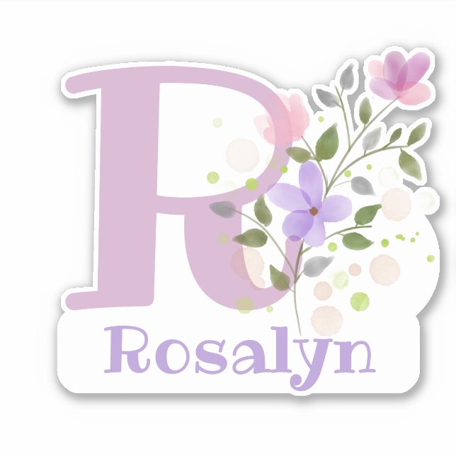Adesivo Nome Rosalyn mais Inicial com Design Floral (Frente)