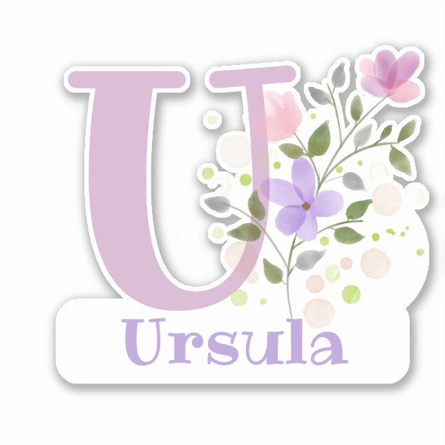 Adesivo Nome Ursula & Inicial com Design Floral (Frente)