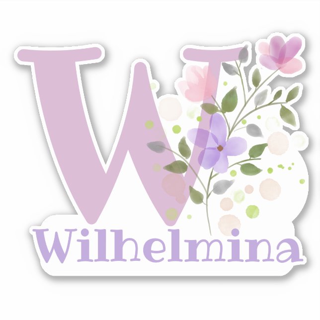 Adesivo Nome Wilhelmina & Inicial com Floral Design (Frente)