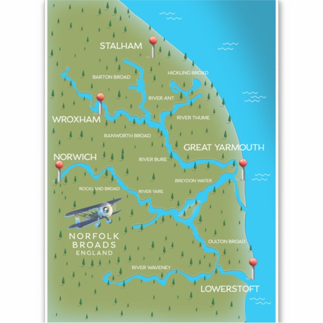 Adesivo Norfolk Broads England Map. (Frente)