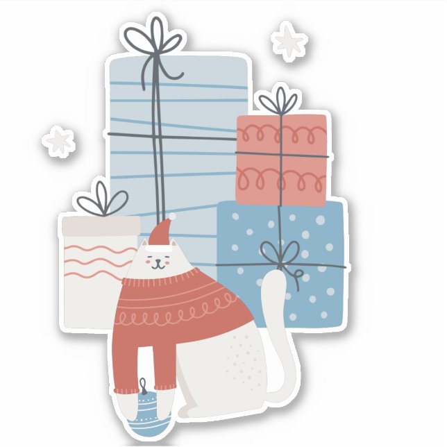 Adesivo O suéter vermelho de gato branco apresenta ornamen (Frente)