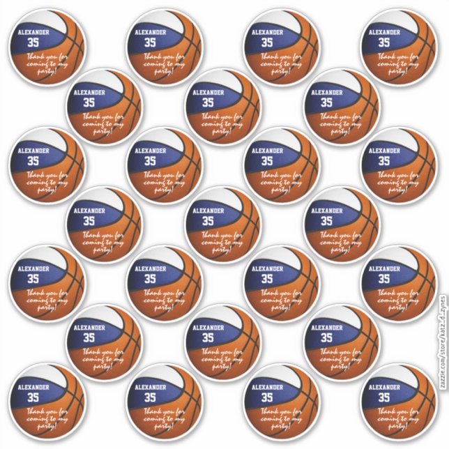 Adesivo obrigado de festa de basquete branco azul que você (Frente)