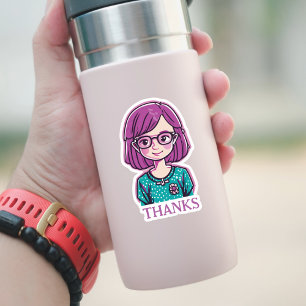 Adesivo "OBRIGADOS" Linda Garota de Cabelo Rosa com Óculos