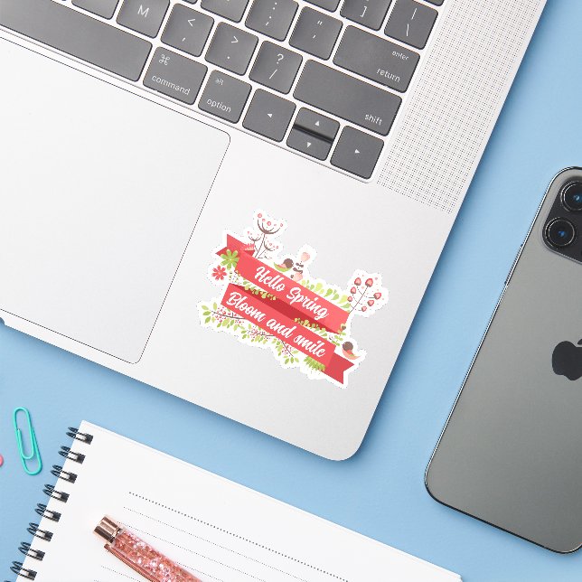 Adesivo Olá Primavera, Floresça e sorria (Notebook com iPhone)