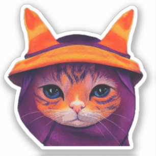 Adesivo Orange Cat Purple Witch Hat Fantasy Halloween
