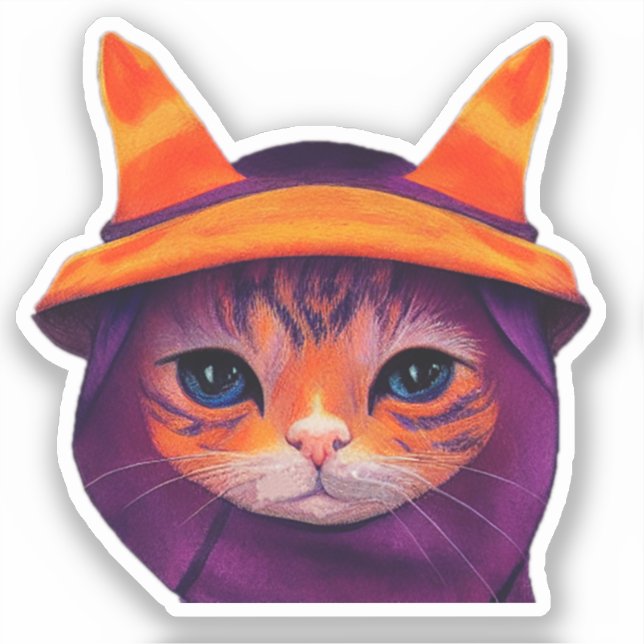 Adesivo Orange Cat Purple Witch Hat Fantasy Halloween (Frente)