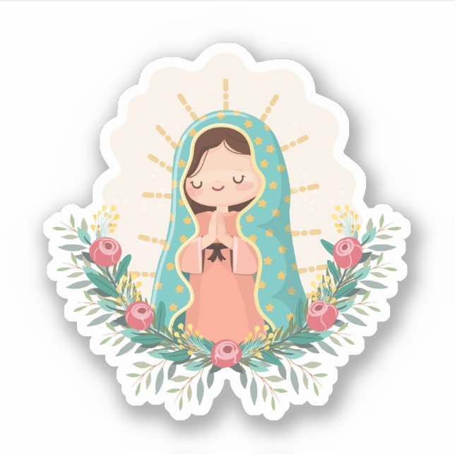 Adesivo Our Lady of Guadalupe with flowers Kawaii Style (Frente)