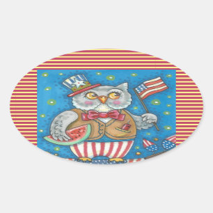 Adesivo Oval 4º DE JULHO DE HOOT OWL, AVES Oval *Folha