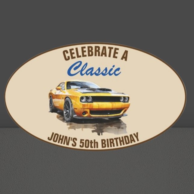Adesivo Oval 50º Aniversário Clássico - Carro Muscular Amarelo (Celebrate a milestone with our stunning 50th Birthday Classic Yellow Muscle Car Oval Sticker!)