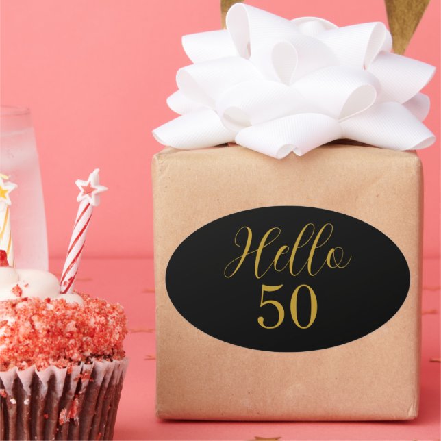 Adesivo Oval 50º aniversário do Dourado Elegante negro (Festa)