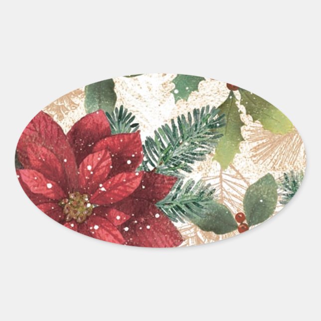 Adesivo Oval 50 Retro Poinsettia Red Green Creme (Frente)