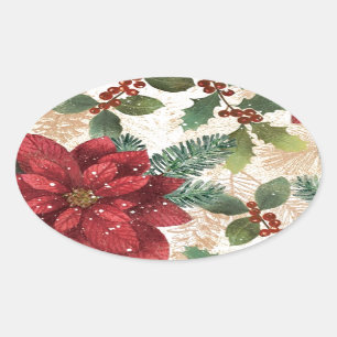 Adesivo Oval 50 Retro Poinsettia Red Green Creme
