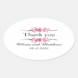 Adesivo Oval A cereja rosa floresce. Casamento Floral Obrigado