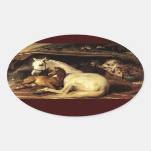 ADESIVO OVAL A TENDA ÁRABE COM CAVALOS, OUTROS ANIMAIS