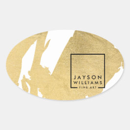 Adesivo Oval Abstrato de Artista Moderno Faux Dourado Brushstro