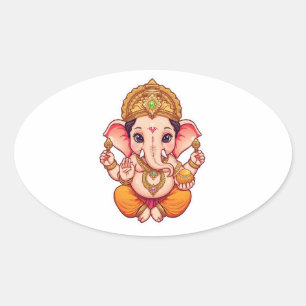 Adesivo Oval Adorável Ganhai Bappa - Chibi Style Ganesha com