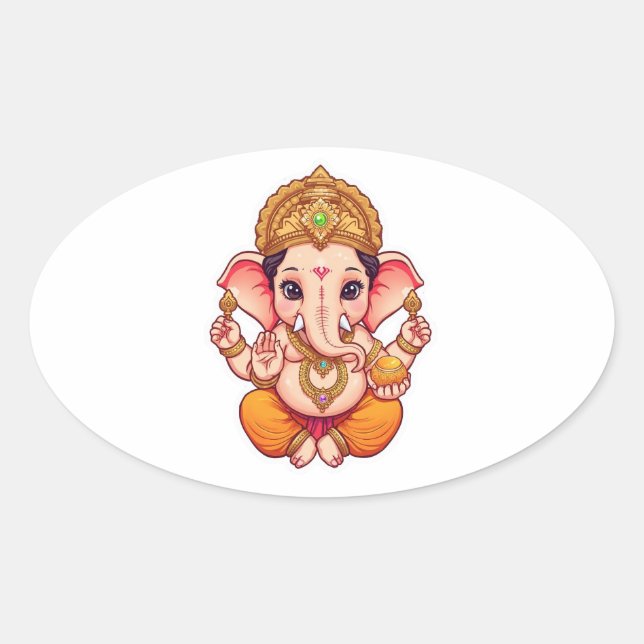 Adesivo Oval Adorável Ganhai Bappa - Chibi Style Ganesha com (Frente)