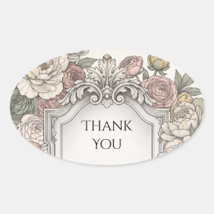 Adesivo Oval Agradecimento de Casamento Floral Ornate Vintage