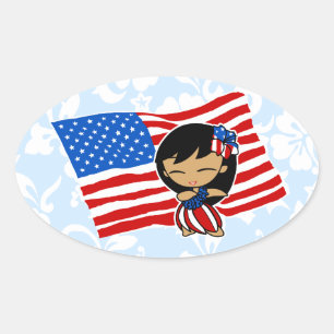 Adesivo Oval Aloha Honys USA Flag Hula Girl Stickers