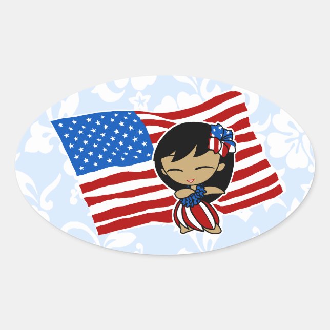 Adesivo Oval Aloha Honys USA Flag Hula Girl Stickers (Frente)