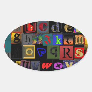 Adesivo Oval Alphabet Soup, design de letras mosaicas, colorfu 