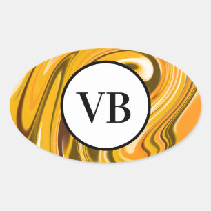 Adesivo Oval Amarelo Preto mármore de derramamento acrílico adi