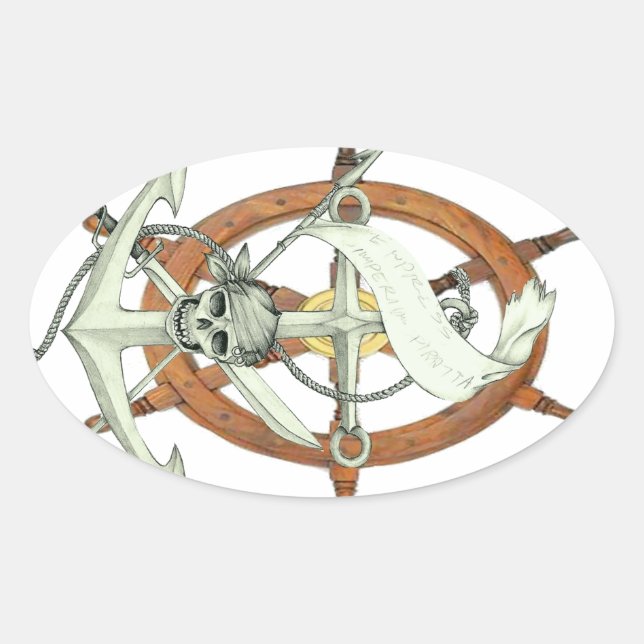 Adesivo Oval Âncora do navio pirata do crânio (Frente)