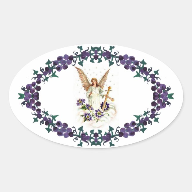 Adesivo Oval Angel Com Flores De Cruz E Clematis (Frente)