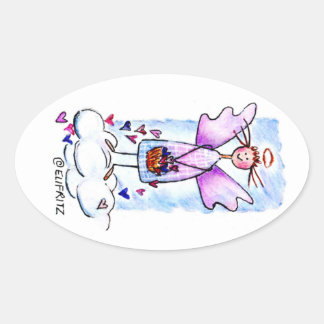 Adesivo Oval Angel on White Cloud with Basket of Hearts Drawing