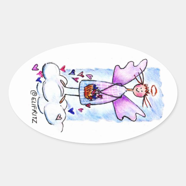 Adesivo Oval Angel on White Cloud with Basket of Hearts Drawing (Frente)