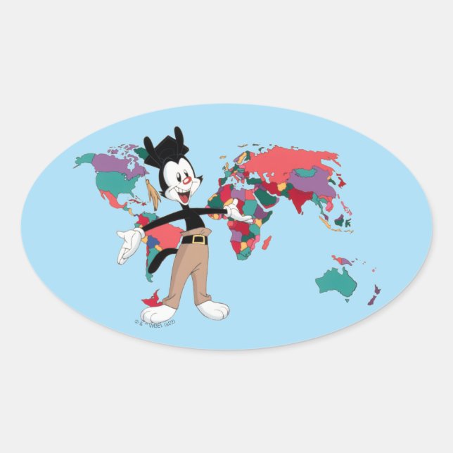 Adesivo Oval Animaniacs | Gráfico do Mapa Mundial de Yakko (Frente)