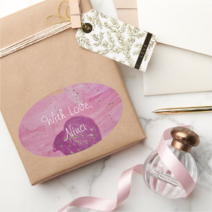 Adesivo Oval Aniversário de Galáxia Cósmica em Aquarela Rosa