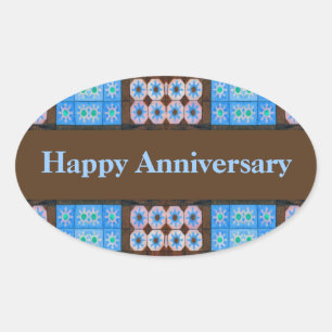 Adesivo Oval Aniversário feliz de Brown de turquesa