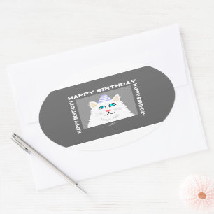 Adesivo Oval Aniversário Fluffy White Cat Oval Sticker