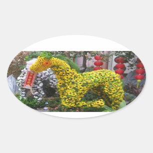 Adesivo Oval Ano do Cavalo   春 節 馬 ... Tópico da Flor Chinesa