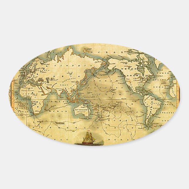 Adesivo Oval Antigo Mapa Mundial Antiquado (Frente)