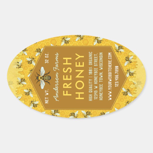 Adesivo Oval Apiary Honey Jar Labels Honeycomb Abelhas (Frente)