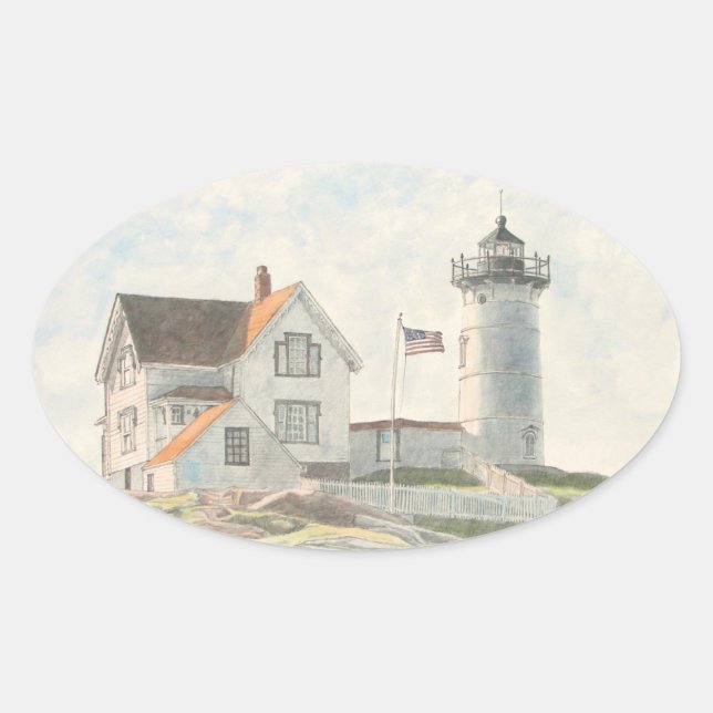 Adesivo Oval Aquarela do Farol de Cape Neddick (Frente)