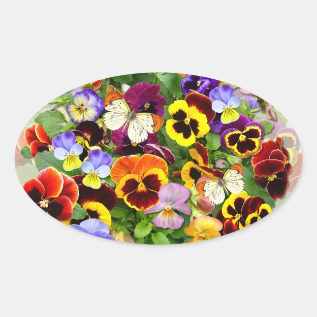 Adesivo Oval Arranjo Pansy Beauty com borboletas (Frente)