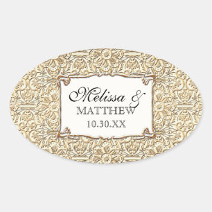 Adesivo Oval Art Deco Nouveau Faux Floral Dourado Damask Lace