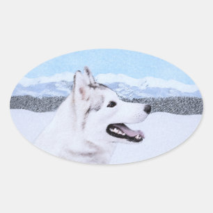 Adesivo Oval Arte de Cão Siberiana (Prata e Branca)