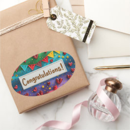 Adesivo Oval Arte Digital Parabéns Rainbow