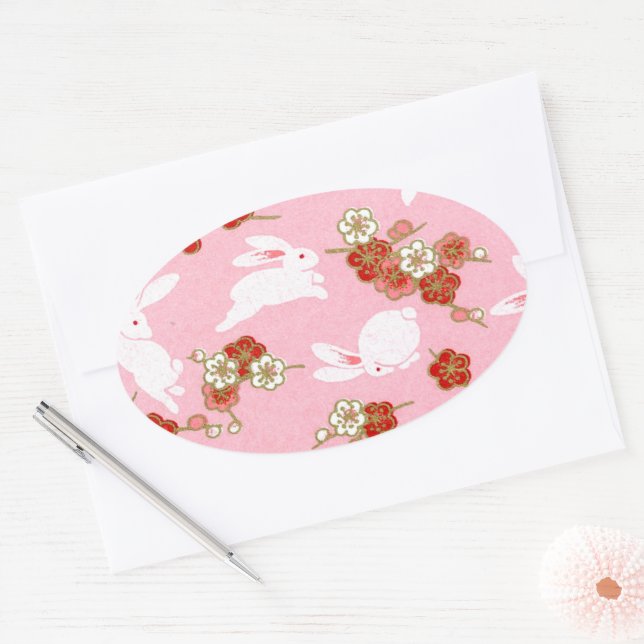 Adesivo Oval Arte Japonesa: Sakuras Rosa E Coelhos Oval Sticker (Envelope)