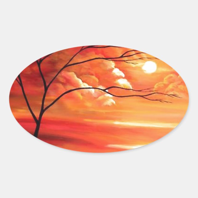 Adesivo Oval Árvore abstrato e Sunset Vermelho (Frente)