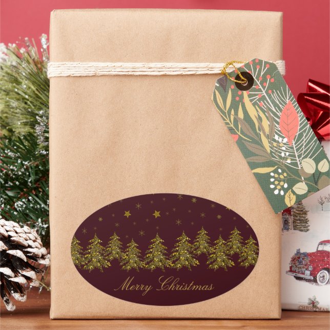 Adesivo Oval Árvore de Natal de ouro faísca, lua, estrelas em v (Feriado)