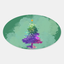 Adesivo Oval Árvore de Natal Pinheiro Colorida Aquarela Moderna