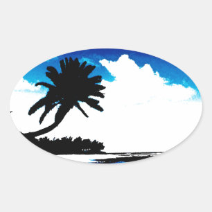 Adesivo Oval Árvore de palma branca azul preta Silhoule