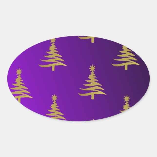Adesivo Oval Árvores de Natal Douradas em Roxo (Frente)