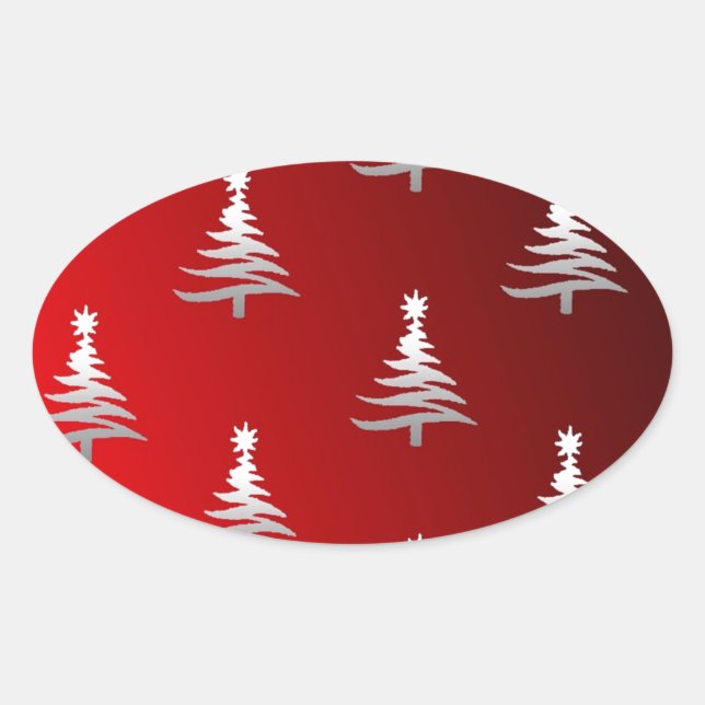 Adesivo Oval Árvores de Natal Prata no Vermelho (Frente)