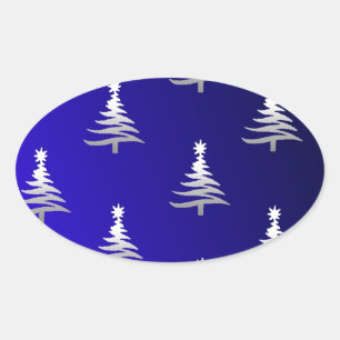 Adesivo Oval Árvores de Natal Prateadas em Azul Cobalto